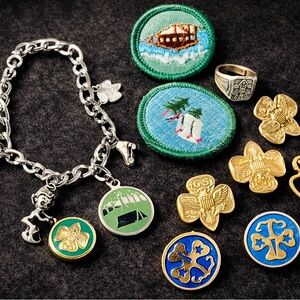 Vintage Girl Scout Pins Patches & Charm Bracelet